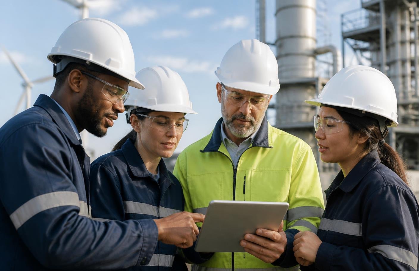 Engineers collaborating at a modern energy facility