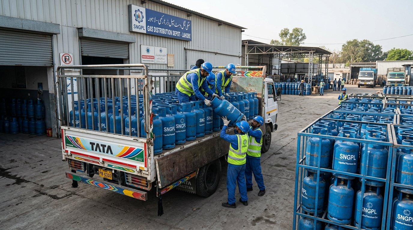 Pakistani workers loading LPG cylinders onto delivery trucks at a distribution depot
