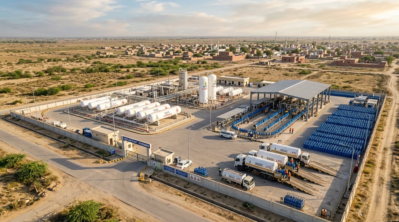Aerial view of an organized LPG bottling plant and distribution compound in Pakistan