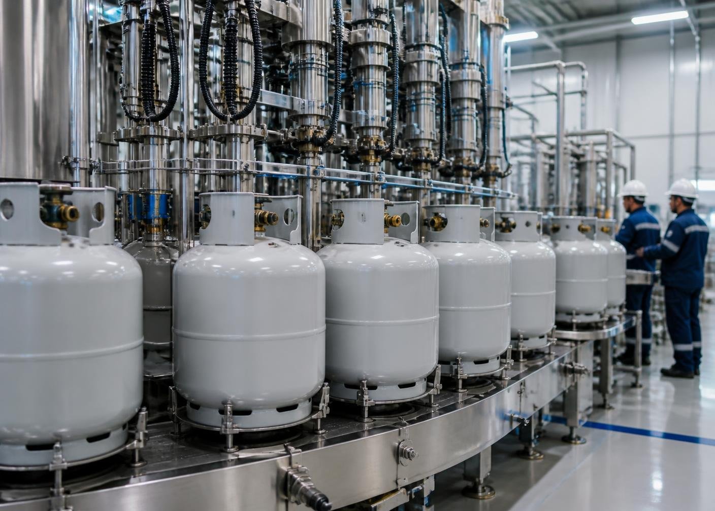 LPG cylinders on a modern bottling line inside an industrial plant