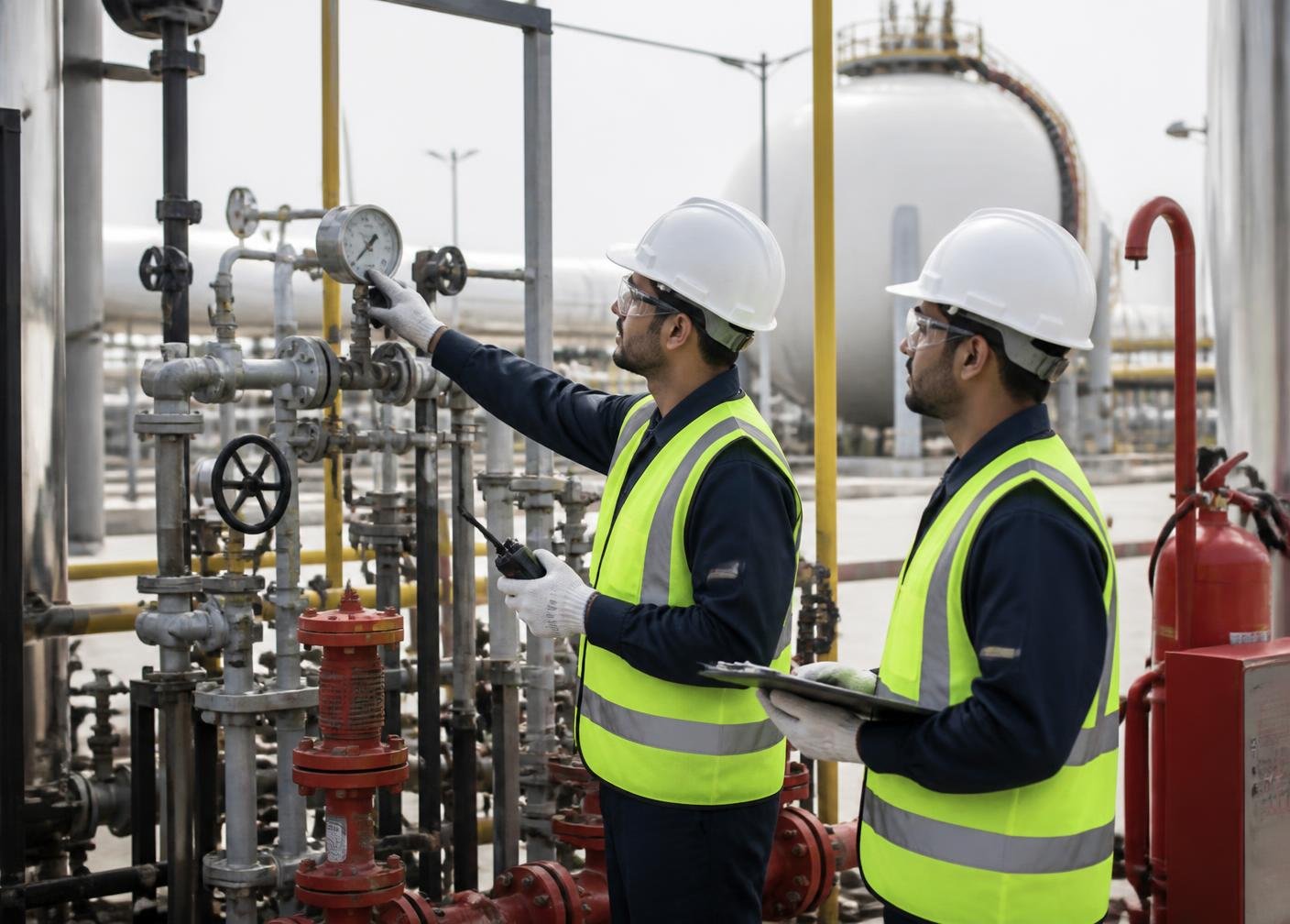 Engineers in safety gear inspecting pressure gauges and valves at a gas facility