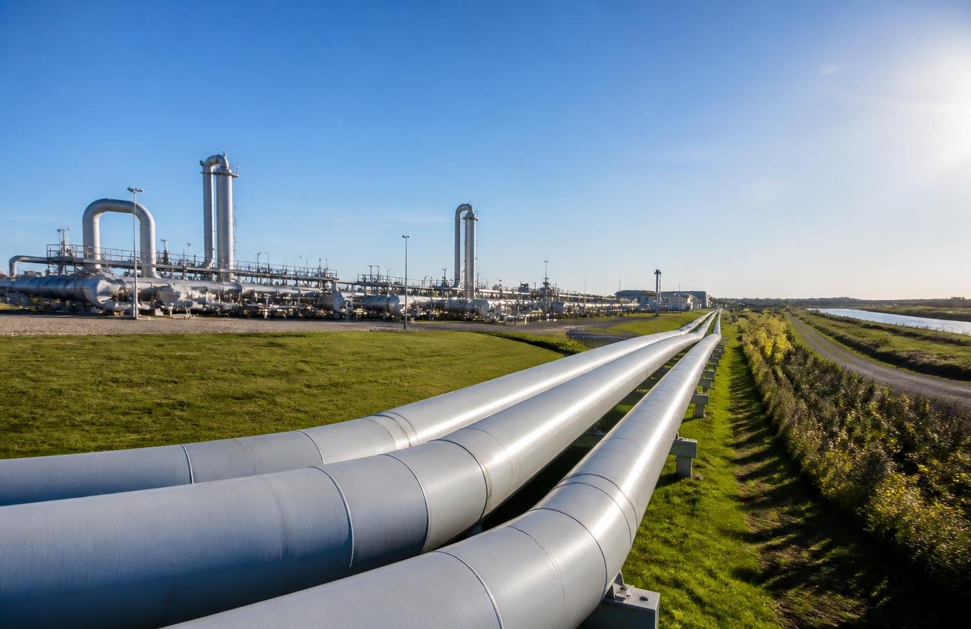 Gas pipelines running through green landscape beside a processing facility